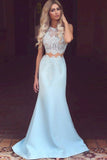 Two Piece Jewel Sweep Train Blue Satin Sleeveless Prom Dress with Appliques Lace LR59