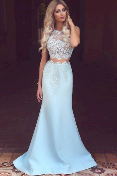 Two Piece Jewel Sweep Train Blue Satin Sleeveless Prom Dress with Appliques Lace LR59