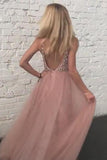Sparkly Dusty Rose Tulle Beaded Prom Dress Backless V Neck S1