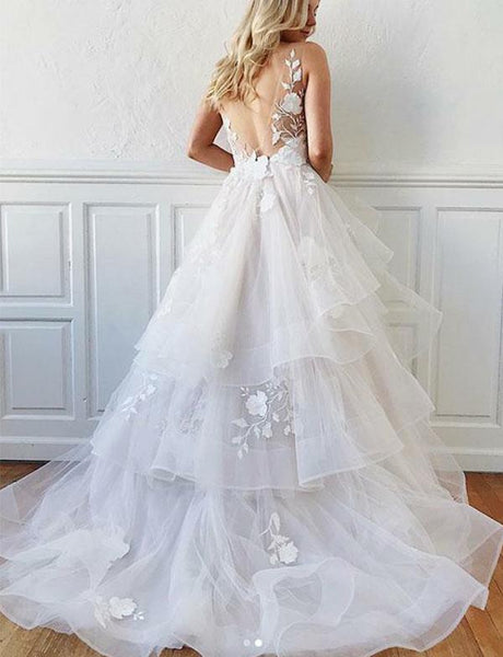 Charming A Line V Neck White Wedding Dresses with Ruffles Appliques PDA044 | ballgownbridal