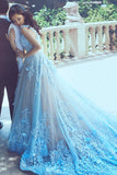 A-Line V-Neck Court Train Blue Tulle Prom Dress with Appliques Beading AHC496