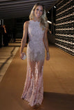 Mermaid Jewel Floor-Length Ivory Tulle Prom Dress with Appliques Beading AHC686
