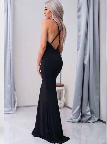 Mermaid V-Neck Criss-Cross Straps Floor-Length Black Prom Dress PDA522 | ballgownbridal