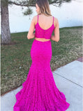 Two Piece Mermaid Spaghetti Straps Sweep Train Fuchsia Lace Prom Dress PDA384 | ballgownbridal