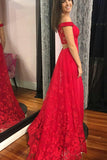 A-Line Off-the-Shoulder Sweep Train Red Lace Open Back Sleeveless Prom Dress LR158