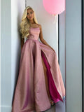 A-Line Spaghetti Straps Backless Sweep Train Rose Pink Split Prom Dress PDA341 | ballgownbridal