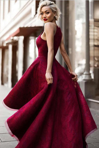 Burgundy A Line Asymmetrical Halter Sleeveless Long Prom Dress AHC554