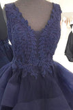 A-Line V-Neck Floor-Length Backless Navy Blue Organza Prom Dress with Appliques  AHC664