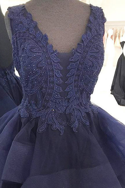 A-Line V-Neck Floor-Length Backless Navy Blue Organza Prom Dress with Appliques  AHC664