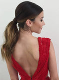 A-Line V-Neck Sleeveless Backless Sweep Train Red Lace Prom Dress PDA455 | ballgownbridal