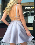 Deep V-Neck Gray Satin Homecoming Cocktail Dress with Pockets PDA016 | ballgownbridal