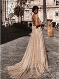 Spaghetti Straps Backless Prom Dress with Sequins Light Champagne Long Evening Dress ODA012 | ballgownbridal
