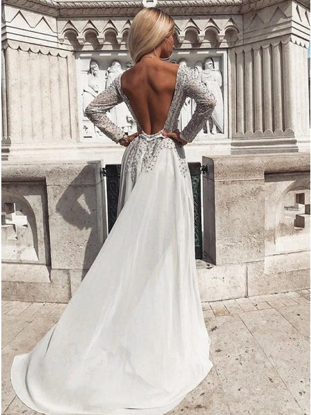 A-Line Bateau Backless Light Grey Prom Dress Long Sleeves Beaded Evening Dress PDA359 | ballgownbridal