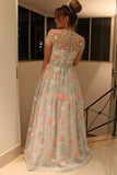 A-Line Jewel Cap Sleeves Sweep Train Mint Lace Prom Dress with Belt LR485 | ballgownbridal