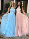 A-Line Halter Floor-Length Pink Tulle Prom Dress with Sash Lace PDA289 | ballgownbridal