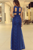 Mermaid Cross Neck Floor-Length Split Royal Blue Lace Open Back Prom Dress LR468