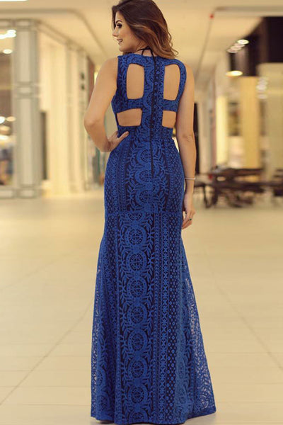 Mermaid Cross Neck Floor-Length Split Royal Blue Lace Open Back Prom Dress LR468