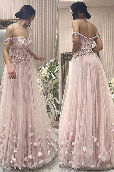 A-Line Off-the-Shoulder Floor-Length Pearl Pink Tulle Prom Dress with Appliques 184.99