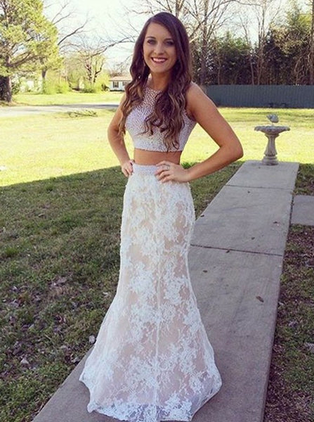 Two Piece Crew Neck Sweep Train Light Champagne Prom Dress with Beading PDA473 | ballgownbridal