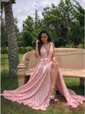 A-Line V-Neck Sweep Train Pink Lace Prom Dress with Split PDA354 | ballgownbridal