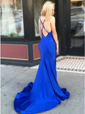 Mermaid V-Neck Criss-Cross Back Sweep Train Royal Blue Prom Dress with Split PDA361 | ballgownbridal