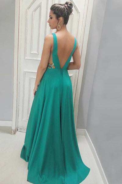 A-Line Deep V-Neck Sweep Train Green Satin Backless Prom Dress with Appliques LR404