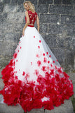 Two Piece Jewel Sweep Train Red Tulle Prom Dress with Appliques Flowers LR276