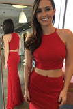 Two Piece Jewel Sweep Train Red Stretch Satin Sleeveless Prom Dress LR28