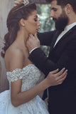 Ball Gown Off-the-Shoulder Court Train Ivory Satin Wedding Dress with Appliques AHC580