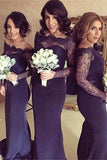 Mermaid Off-the-Shoulder Sweep Train Navy Blue Satin Bridesmaid Dress with Lace AHC612