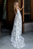 A-Line Spaghetti Straps Court Train Ivory Backless Lace Wedding Dress AHC591 | ballgownbridal