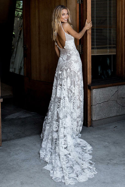 A-Line Spaghetti Straps Court Train Ivory Backless Lace Wedding Dress AHC591 | ballgownbridal