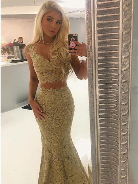 Two Piece Mermaid V-Neck Sweep Train Gold Lace Prom Party Dress PDA336