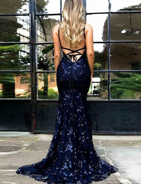 Mermaid Navy Blue Tulle Long Prom Dresses Evening Dresses with Backless PDA232 | ballgownbridal