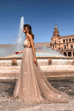 Luxury Spaghetti Straps Sweep Train V Neck Prom Dress with Sequins AHC544
