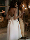 Spaghetti Straps White Prom Dress with Pockets Backless Tea-Length Party Dress PDA416 | ballgownbridal