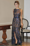 Mermaid Bateau Floor-Length Royal Blue Sequined Sleeveless Split Prom Dress with Lace LR197