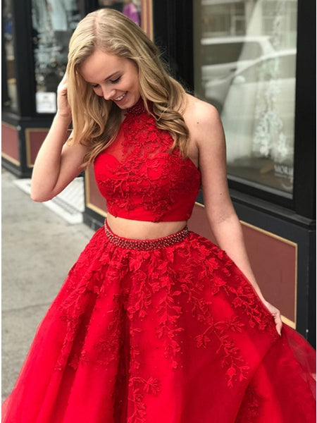 Two Piece High Neck Open Back Dark Red Beaded Prom Dress with Appliques PDA333 | ballgownbridal