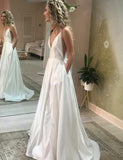 Simple Spaghetti Straps White Satin Long Beach Wedding Dresses PDA178 | ballgownbridal