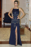 Mermaid Square Floor-Length Cut Out Navy Blue Satin Prom Dress with Embroidery LR457