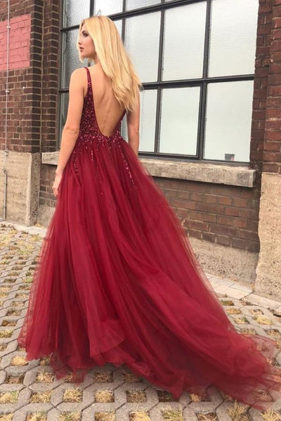 A-Line V-Neck Backless Sweep Train Burgundy Prom Dress with Beading Split LR17