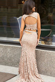 Two Piece Crew Sweep Train Blush Lace Open Back Prom Dress with Sequins LR426 | ballgownbridal