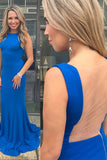 Mermaid Bateau Sweep Train Royal Blue Stretch Satin Prom Dress with Pleats LR176
