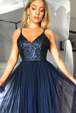 A-Line Spaghetti Straps Sweep Train Navy Blue Tulle Prom Dress with Sequins LR319