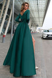 A-Line Deep V-Neck Long Sleeves Dark Green Sweep Train Prom Dress with Split PDA254 | ballgownbridal