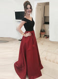 A-Line Off-the-Shoulder Floor-Length Burgundy Satin Prom Dress PDA456 | ballgownbridal