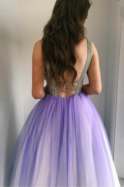 A-Line Deep V-Neck Floor-Length Purple Gradient Tulle Backless Prom Dress with Beading LR96