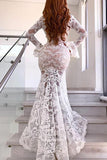 Mermaid Deep V-Neck Sweep Train Long Bell Sleeves White Split Lace Wedding Dress AHC574