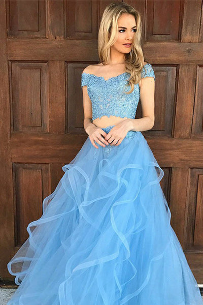 Two Piece Off-the-Shoulder Floor-Length Blue Tulle Prom Dress with Appliques LR42 | ballgownbridal3 