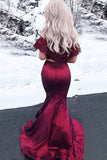 Two Piece Off-the-Shoulder Sweep Train Dark Red Prom Dress with Appliques Beading LR183